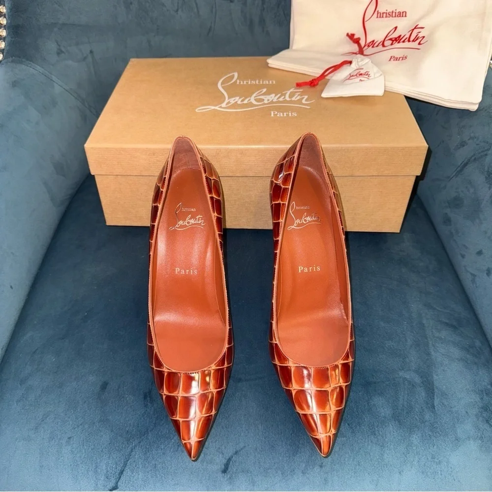 New Size 36.5 Christian Louboutin Kate 85 Brown Alligator Print Pumps